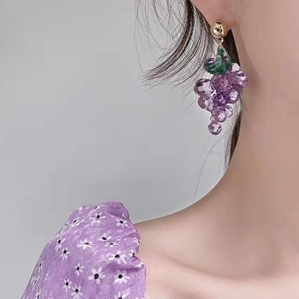 Women Earrings Sweet Purple Grape Shape Japan Korean Style Jewelry Exaggerated Fruit Earrings for Cocktail Party