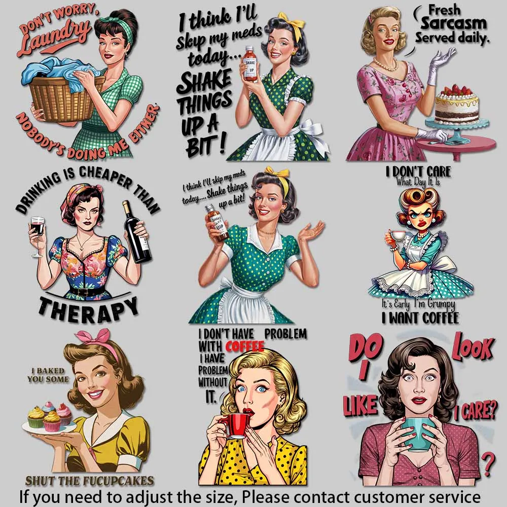 Retro Pop Art Mujer Gráfico Humorístico Casal Cita Arte Hierro en la imagen en la ropa Sin decoloración Transferencias de detalles nítidos
