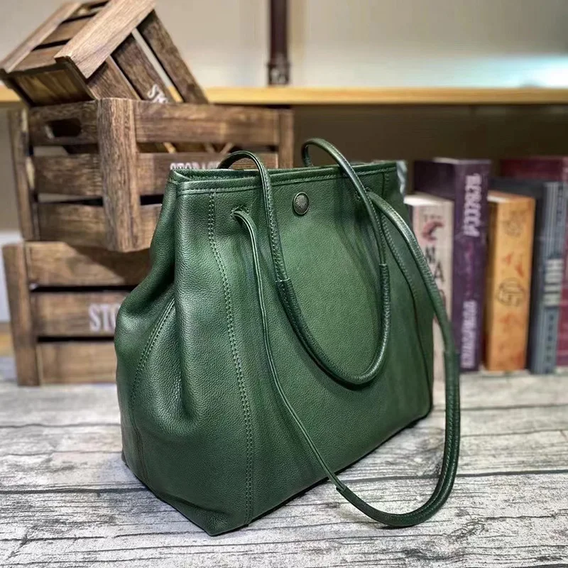 Johnature Simple Genuine Leather Women Bucket Bag 2024 New Large Capacity Commuter Solid Color Soft Cowhide Shoulder Bags