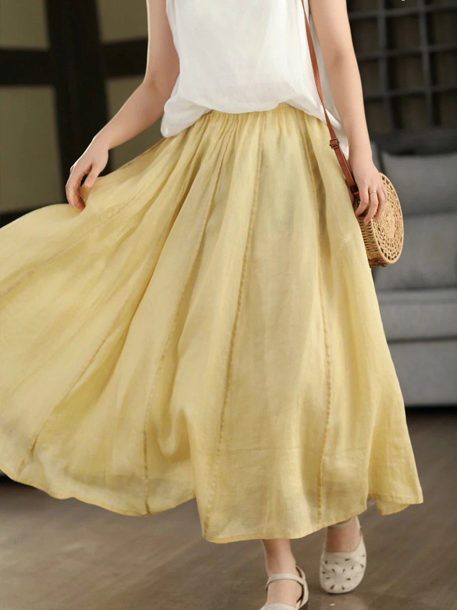 

Elegant Midi Skirt Women's Spring Summer Loose Fit A-Line Skirt Double Layer Wide Hemline High Waist Handmade Flax Fabric