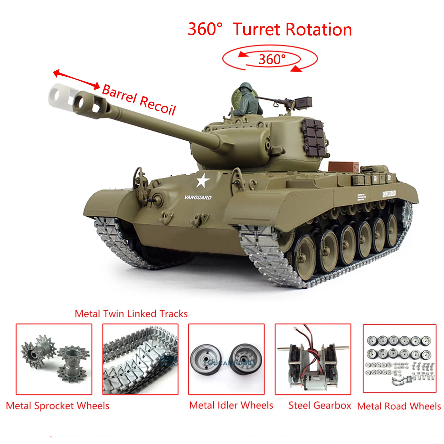 Heng Long 1/16 7.0 M26 Pershing RTR RC Tank 3838 Barrel Recoil 360° Turret Ready to Run Cars Gifts TH20326