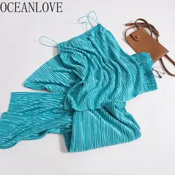 OCEANLOVE Two Piece Set for Women Solid Pleated Summer Korean Fashion Pant Sets Loose Elegant Vintage Conjuntos De Pantalon