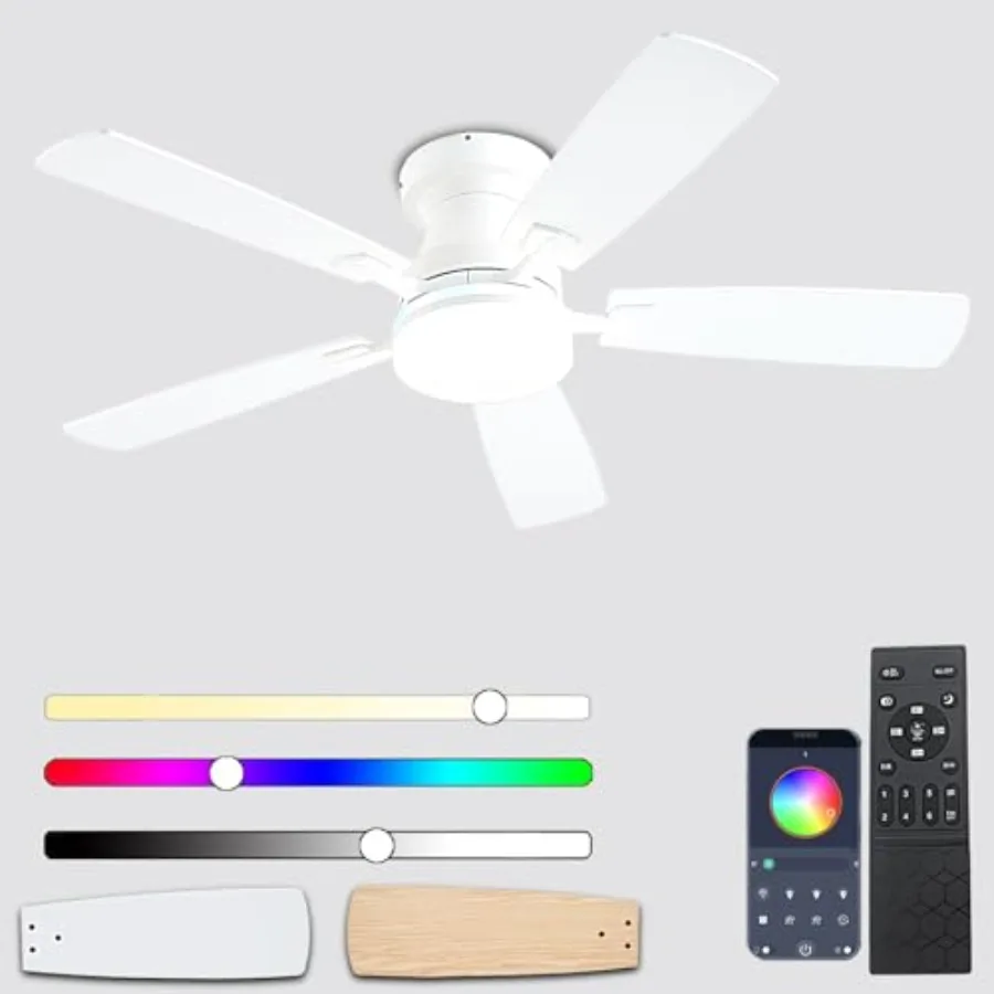 

Ceiling Fans with Lights 48 inch Low Profile Ceiling Fan with Light and Remote Control Flush Mount RGB Dimmable Light Noiseless