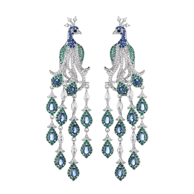 Blue Green Cubic Zirconia Long Tassel Peacock Dangle Earrings Multicolor CZ Statement Earrings for Women Wedding Party Jewelry