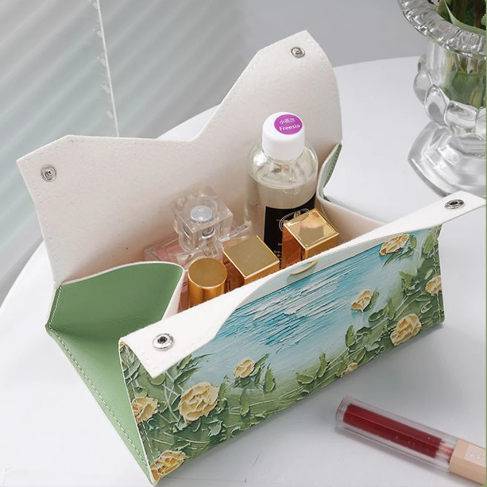 Oil Painting Tissue Storage Box PU Leather Napkin Holder Home Living Toilet Paper Case Creative Kitchen Tissue Organizer Boxes