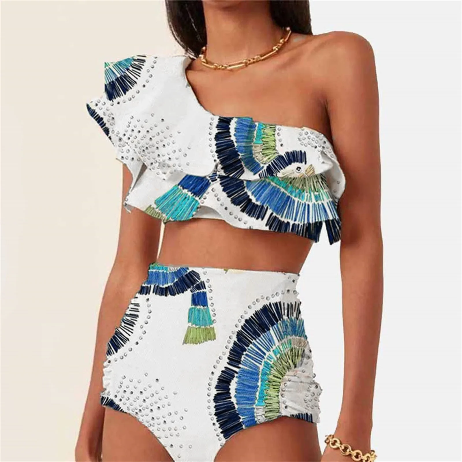 

Модное бикини из двух частей с рюшами, широкий ремень, наклонное плечо, высокая талия, плиссированный треугольный купальник, элегантный отпускной купальник