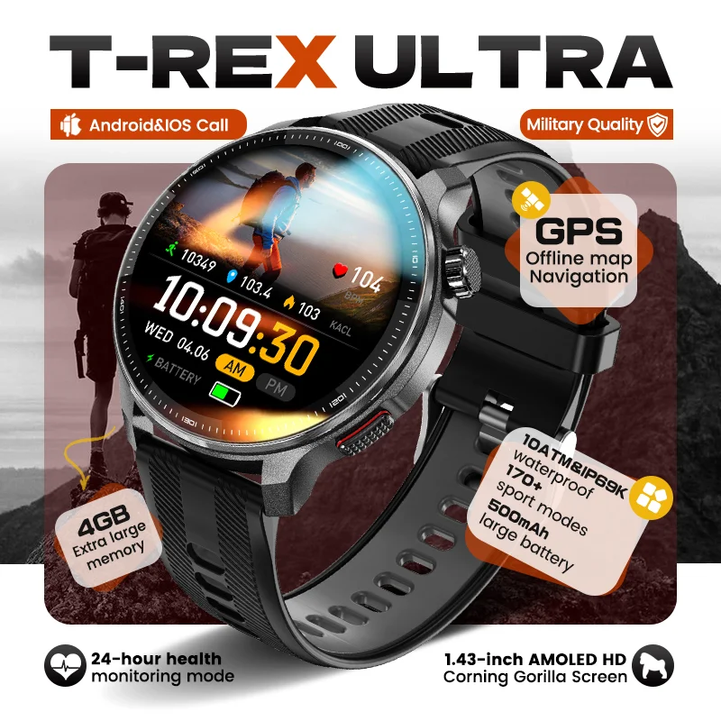 Outdoor GPS Offline Map Smartwatch Compass Altimeter 4GB Memory Heart Rate 10ATM Waterproof Bluetooth Call Sport Men Smart Watch