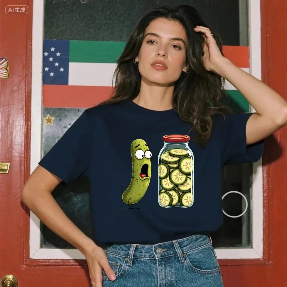Cute Pickle & Jar Graphic T-Shirt Casual Short Sleeve Round Neck Tee with Comical Manga/Anime Cabbage Pickling Enthusiast Tops