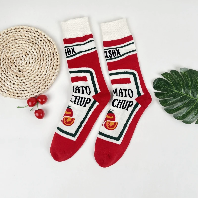 1 Pair Funny Tomato Ketchup Printed Mid-Calf Men Socks Suit In All Seasons