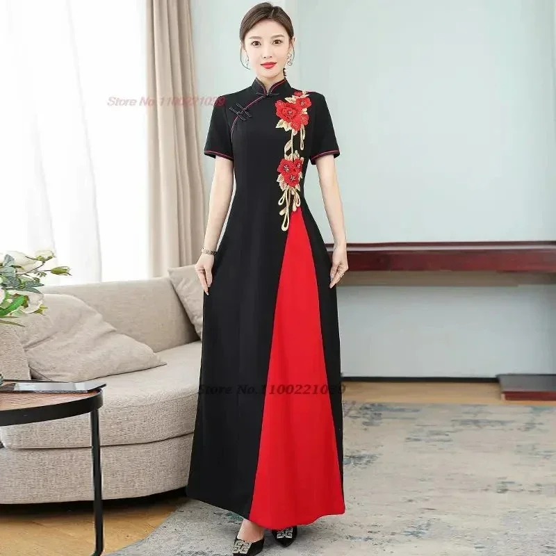 

2024 chinese improved cheongsam dress national flower embroidery a-line qipao retro elegant banquet evening dress qipao vestido