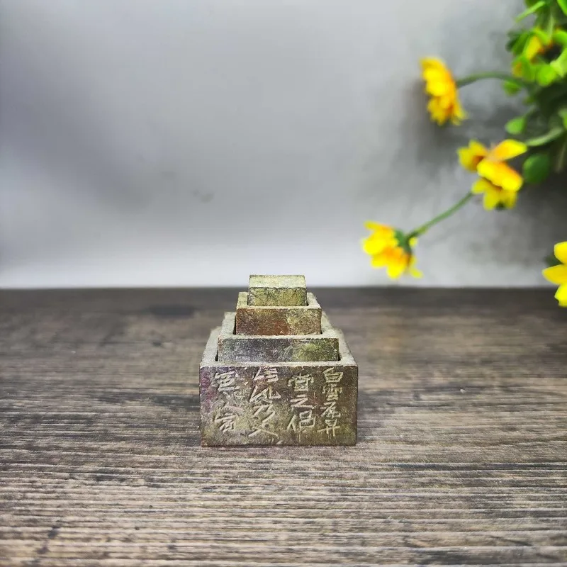 Antique Miscellaneous Items: Four-Piece Set of Decorations with Sanskrit Engraving, Vintage Seal Tabletop Ornament