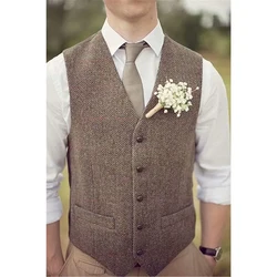 Men's Brown Vest Tweed Wool Waistcoat Slim Fit Lapel Plaid Suit Vest Herringbone Tweed Tuxedo Vest 2024 New