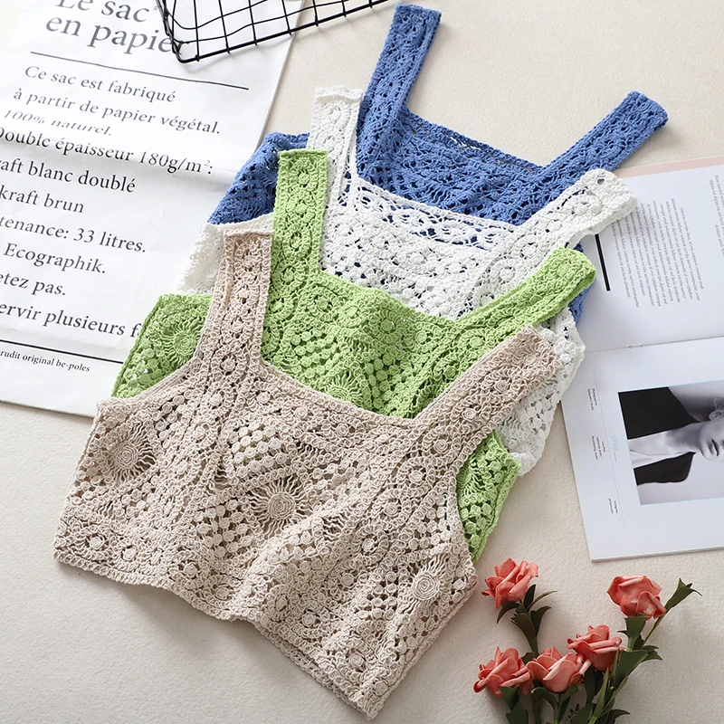 Square Collar Cotton Crochet Tank Top Sexy Knitted Hollow Out Mesh Vest Crop Top Women Femme Vintage Backless Short Tops Female