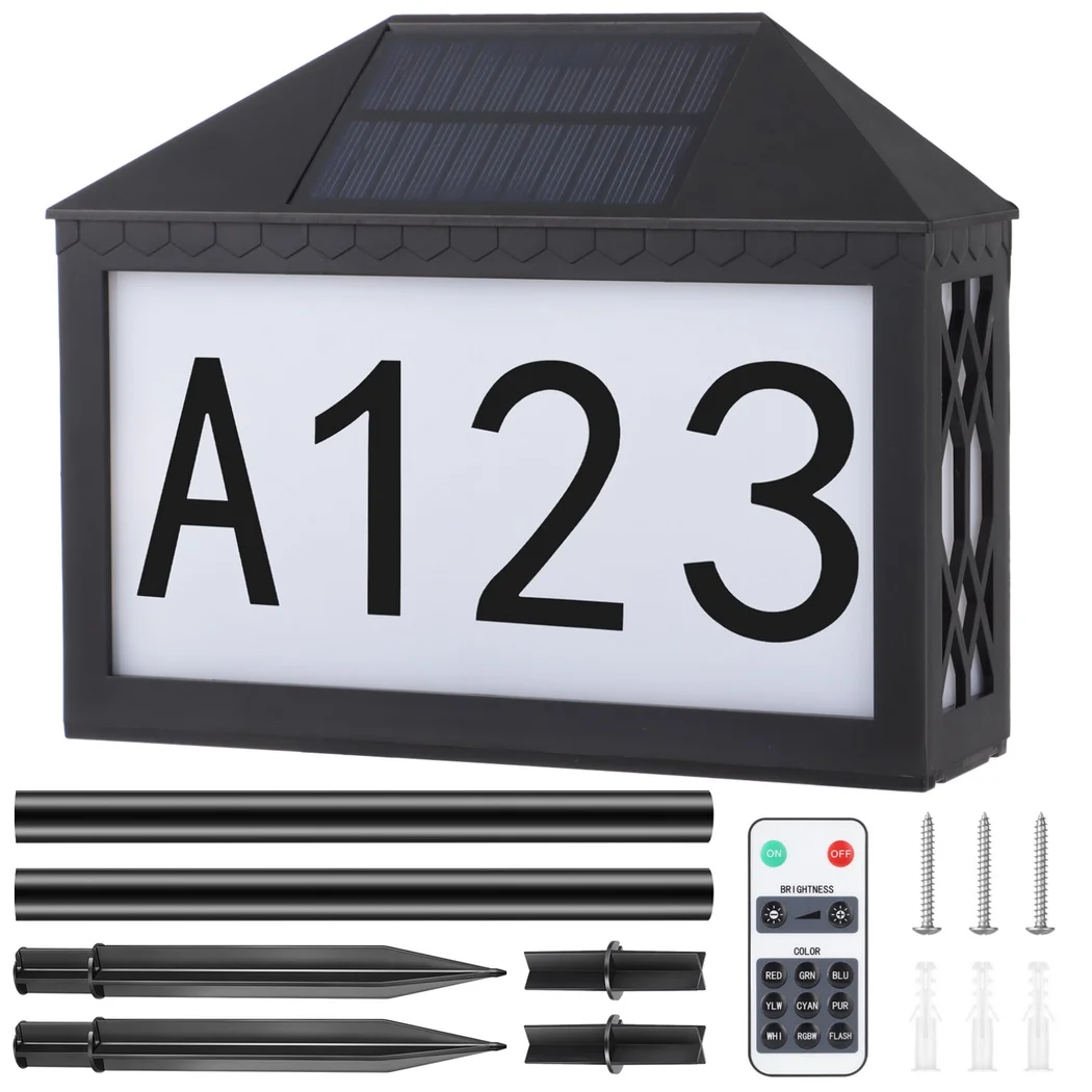 Solar Address Sign Stickers Solar Powered Colorful LED House Numbers Plaque Stakes Hanging Screws Remote Control Solar Light