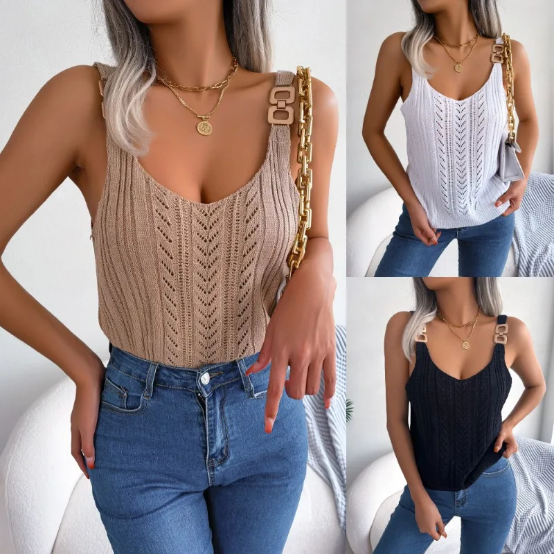 Spring Summer Casual Metal Button V-Neck Hollow Out Top Vacation Knit Women EU US Style