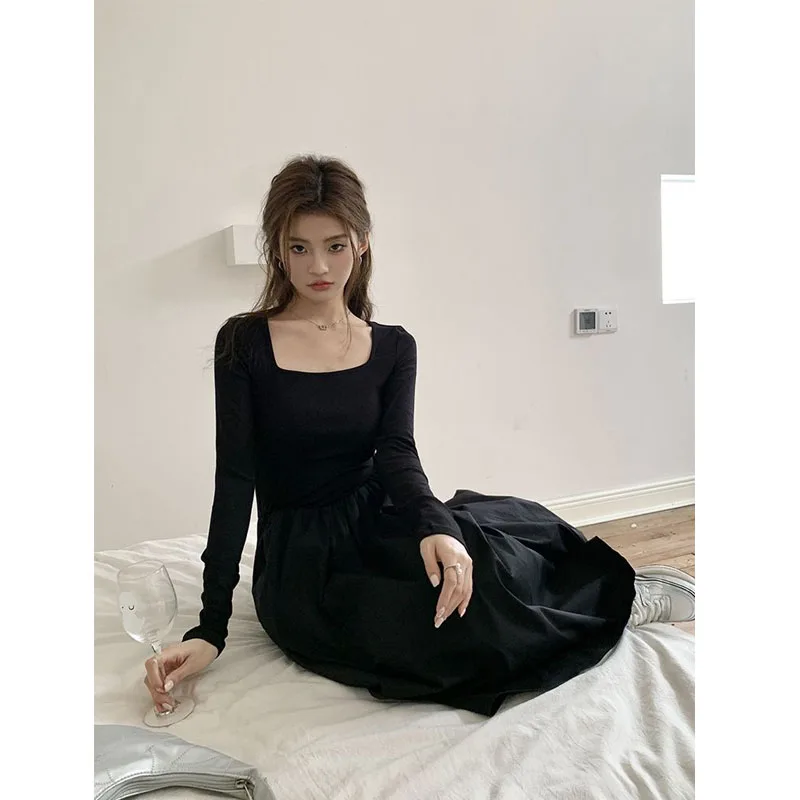 HOUZHOU Vintage Square Collar Black Dresses for Women Elegant Long One-piece Dress Gown Long Sleeve Casual Bodycon Midi Dress