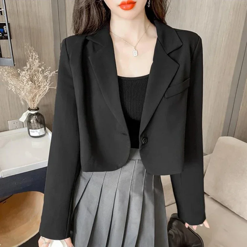 Korean Cropped Blazers Women Elegant Solid Color Single-button Outwear Tops Female All-match Long Sleeve Office Suit Jacket New