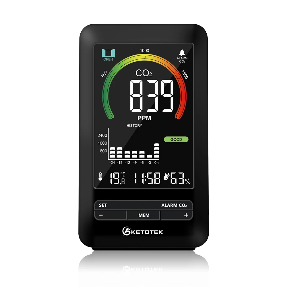 Detector de Co2 Monitor de Qualidade do ar Medidor de Umidade Temperatura de Concentração de Co2 Despertador Detecção de Dióxido de Carbono Analisador de Gás