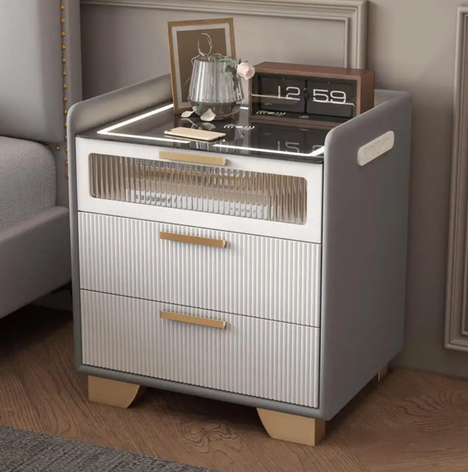 Moderner, leichter Nachttisch aus Holz mit Felsplatte, kabelloses Laden, intelligentes Design für Zuhause, Hotel, Schule, Schlafzimmermöbel