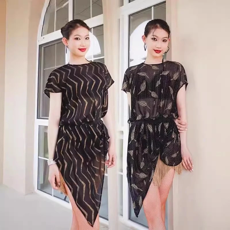 

Latin Dance Costume Mesh See Through Dress Bat Sleeve Cover Shirt National Standard Practice Outfit ADL172