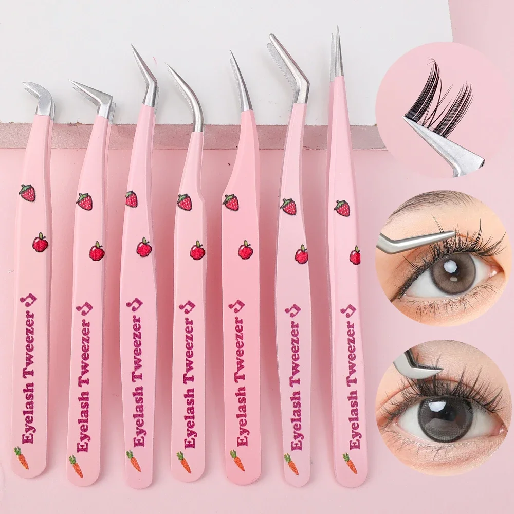 Pink Stainless Steel Eyelash Tweezers Set High-quality 3D False Lashes Extension Tweezer Makeup Tools Anti-static Eyelashes Tool