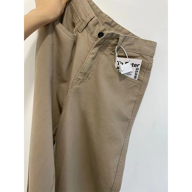 

Khaki Straight Leg Denim Jeans Women's High Waist Slimming American Retro Vibe Wide Leg Floor-Length Trendy INS Autumn