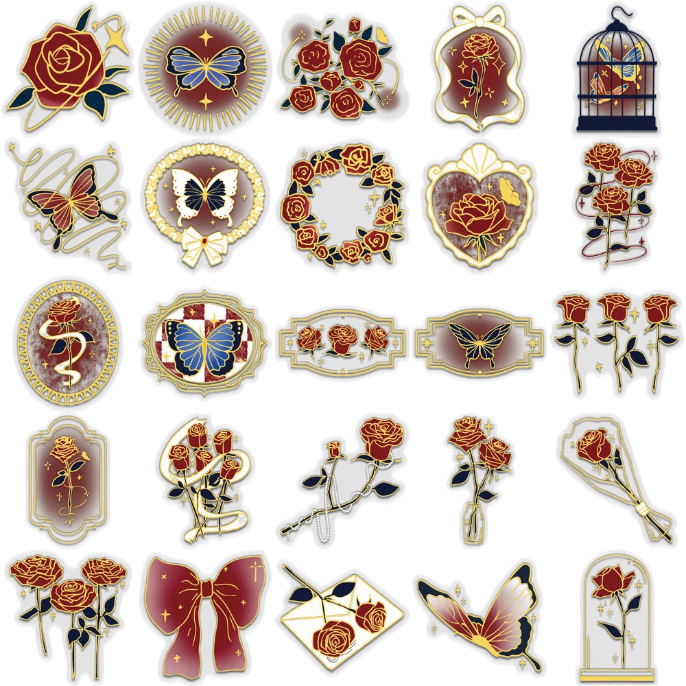 10/30/50 個透明ヴィンテージ金箔ローズステッカー美的 DIY 荷物電話ノートブック漫画蝶花デカールパック