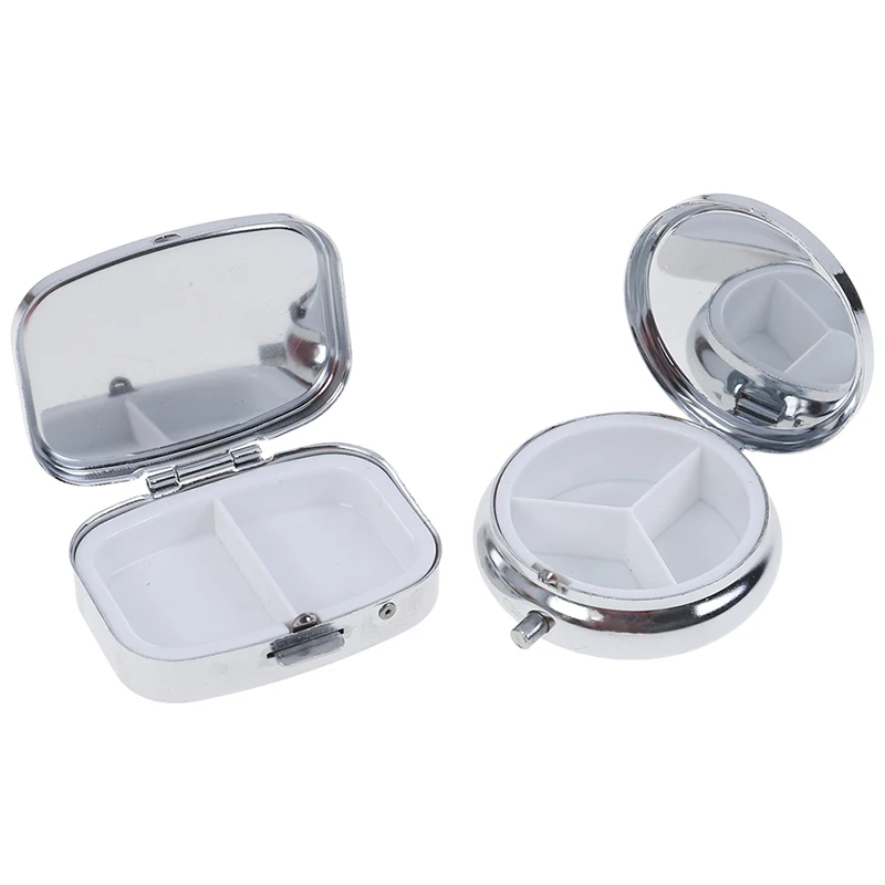 1Pc Small Metal Round Rectangular Silver Tablet Pill Box Container Medicine Case Portable Metal Holder Medicine