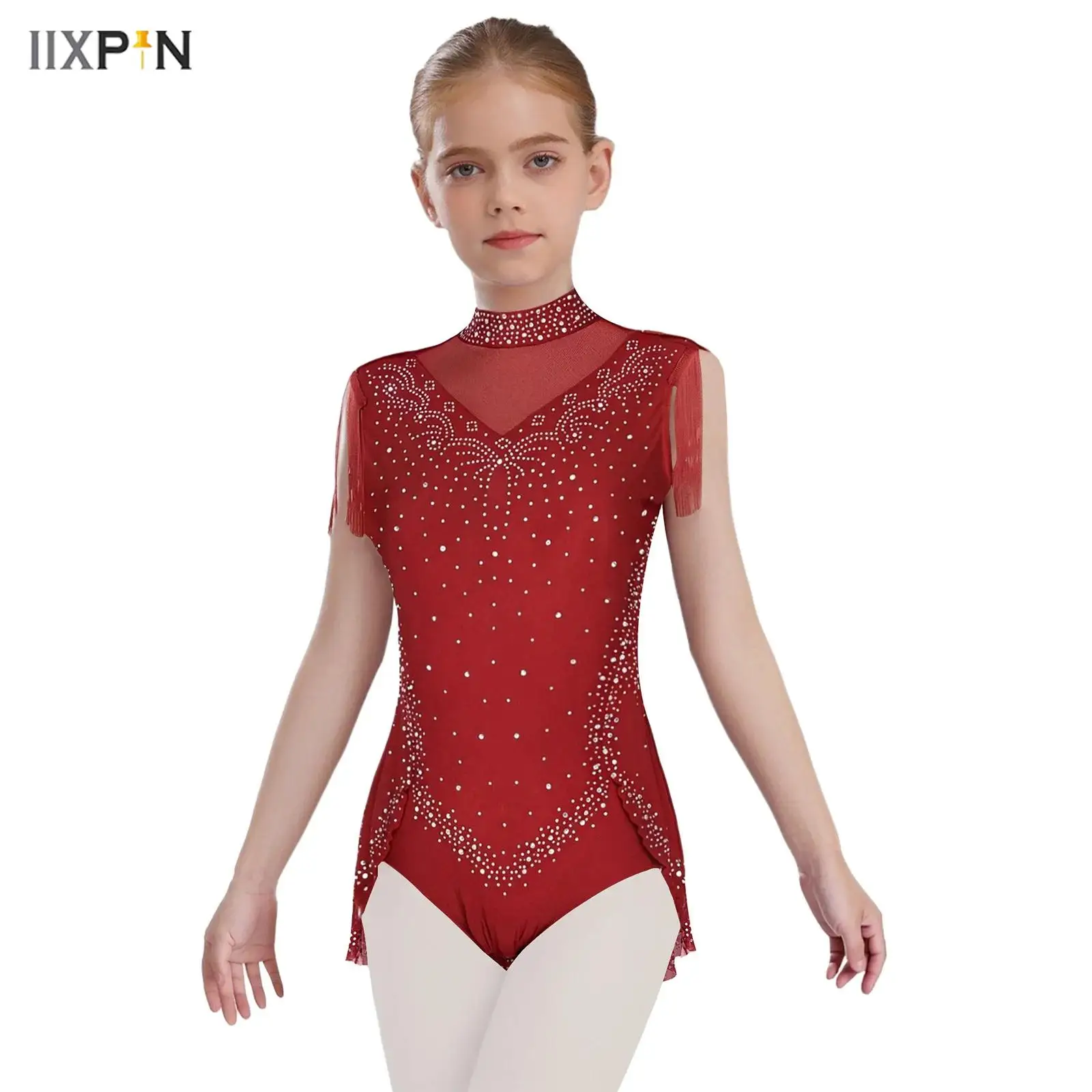 

Girls Sparkling Rhinestone Ballet Leotard Sleeveless Zipper Back Mesh Patchwork Tassel Skirted Bodysuit Gymnastics Dance Leotard