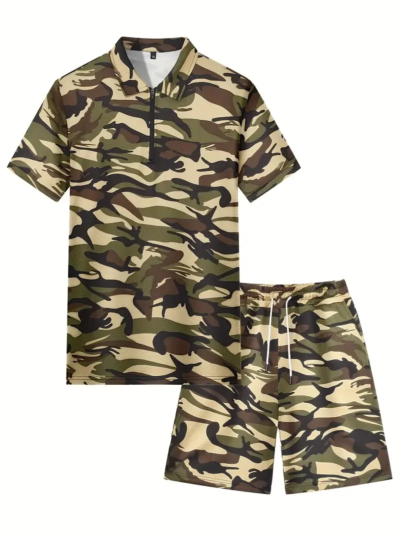 Polo Shirt Shorts Set Camouflage 3D Printed Men's Fashion Hunting Sportswear Oversized Short-sleeved Shirt Pants Set Summer