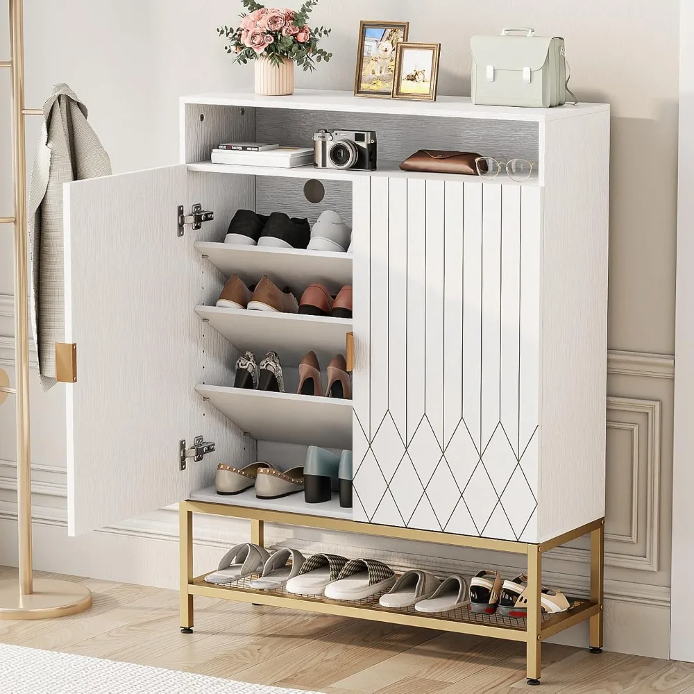 

7-Tier Shoe Storage Cabinet with Carved Doors, Modern Shoe Rack Organizer Cabinet with Adjustable Shelves, Freestanding shoe cab