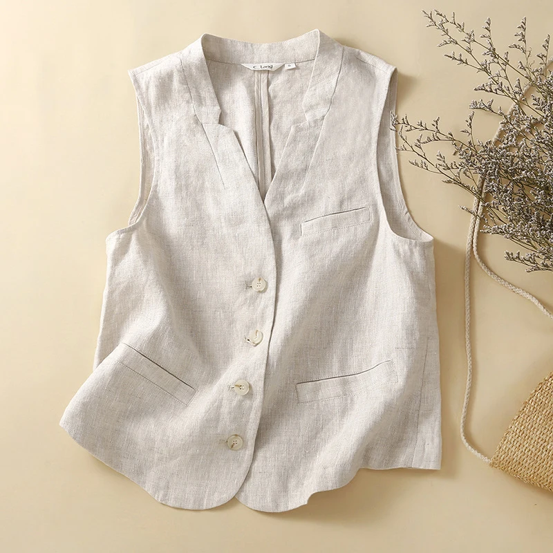 2025Women's Summer Cotton Linen Vest Jacket Fashion Korean Casual Loose V-neck Sleeveless Coat Elegant Ladies' Vest Top M-2XL