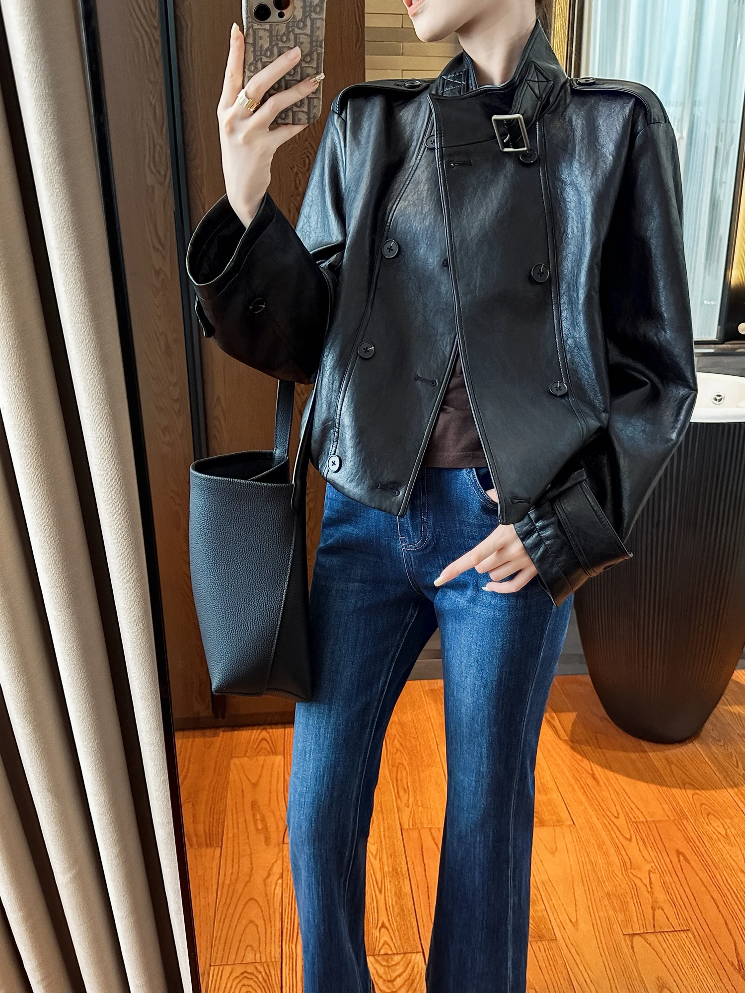 

Кожаное пальто Bla Leather Jaet YOU SEE: стильный и модный дизайн для офиса, осенняя коллекция, короткий рукав, длинное пальто