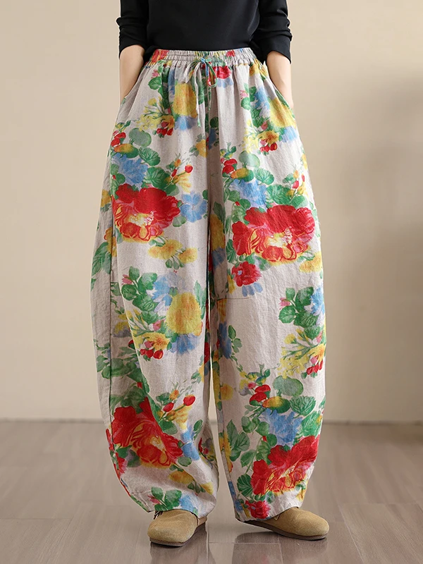 2025 nuevos pantalones Harlan informales Retro de talla grande para mujer, pantalones de lino y algodón, pantalones Harlan con estampado Floral de cintura alta para otoño