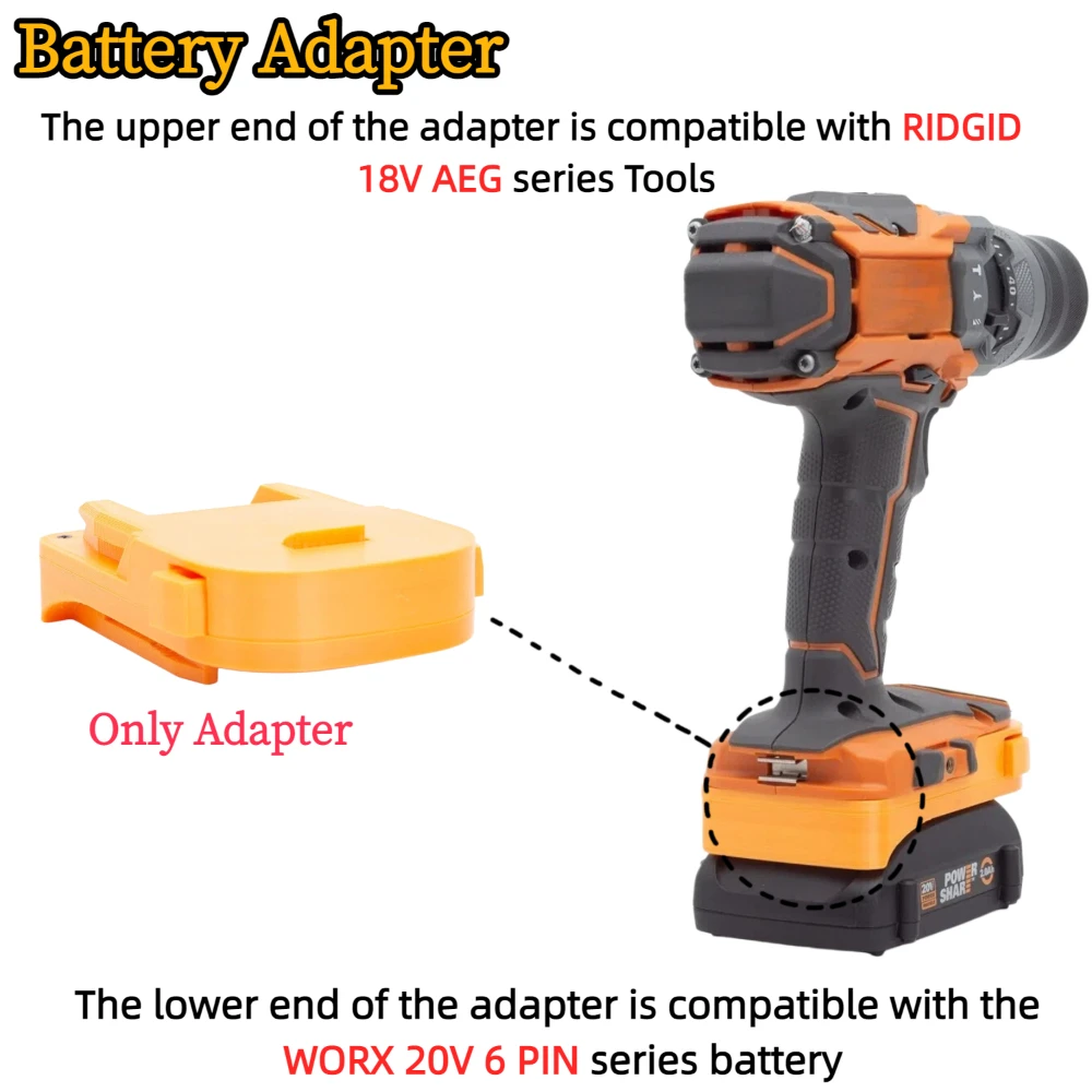 

Battery Adapter/Converter for WORX 20V 6 PIN Li-ion Battery TO RIDGID 18V AEG Cordless Drill Tools Accessory(Only Adapter)