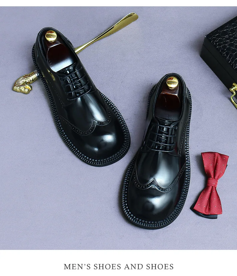 Zapatos Brogue Retro para Hombre, de Cuero Genuino de Lujo, Punta Redonda, Hechos a Mano, Planos, Color Marrón y Negro, para Bodas y Eventos Sociales