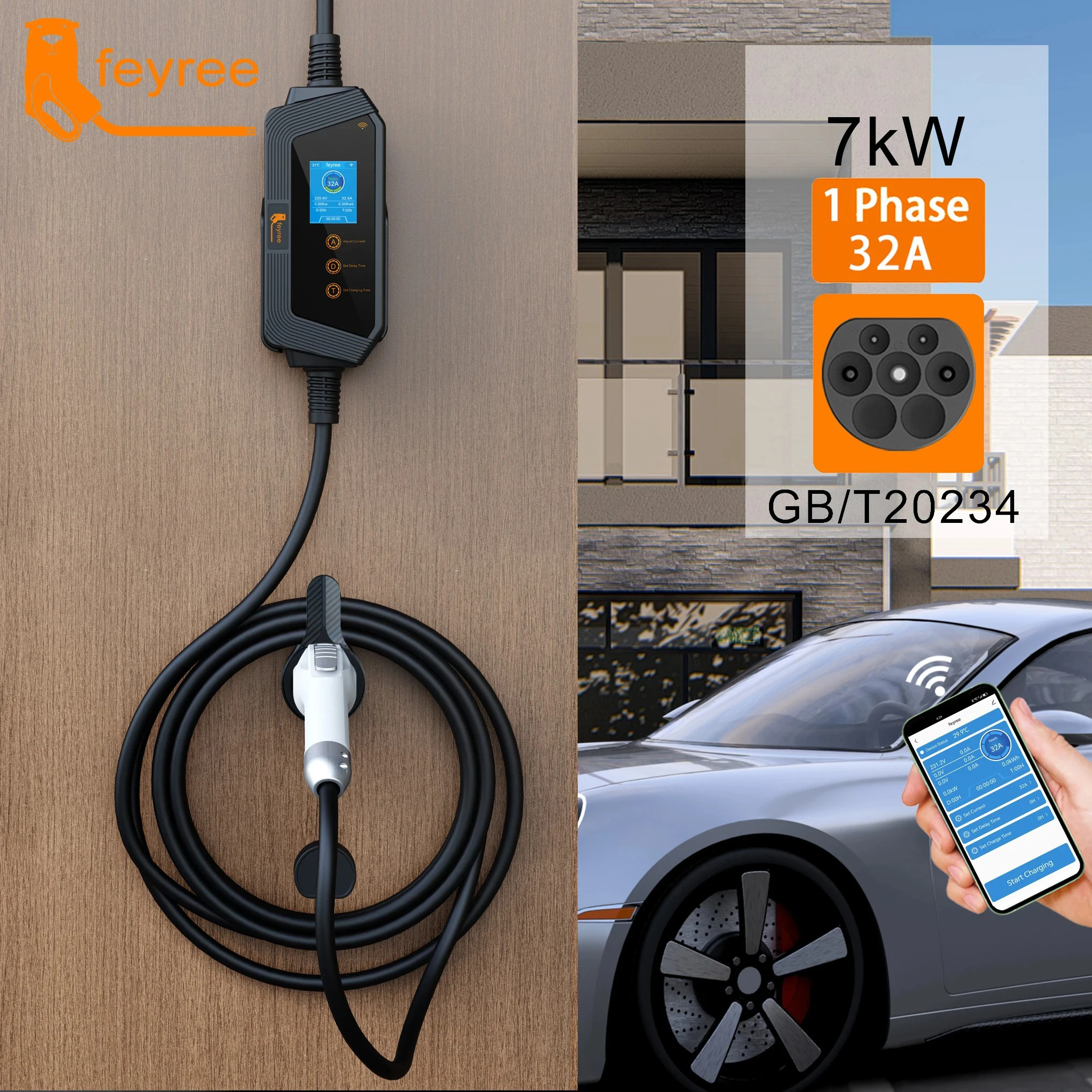 Feyree 7KW 32A Adjustable EV Charger GBT Plug APP Bluetooth Version Set Charging Time EVSE Charging Box for Electric Vehicle