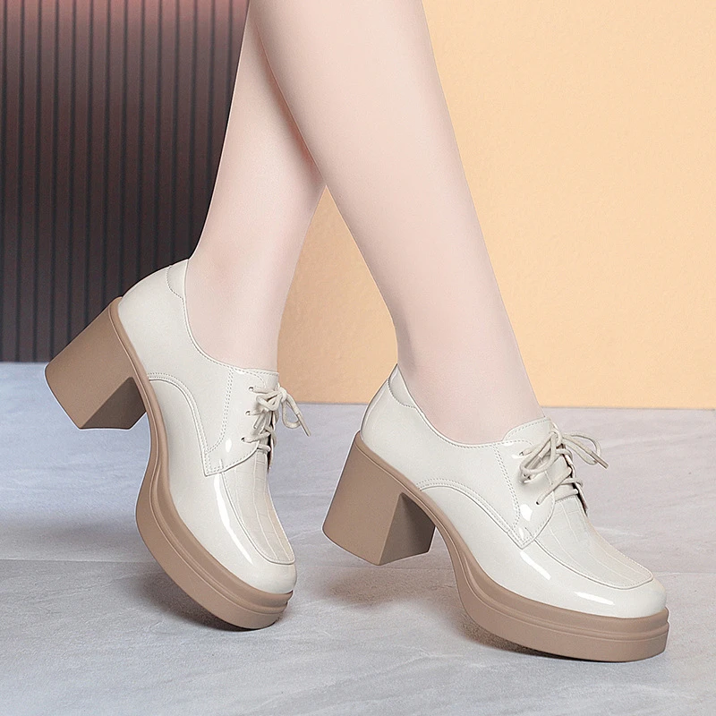 

Lace Up Loafers Spring Autumn Leather Shoes Office Interview Work Chunky Heels Thick Sole High Heel Comfortable Single Shoes