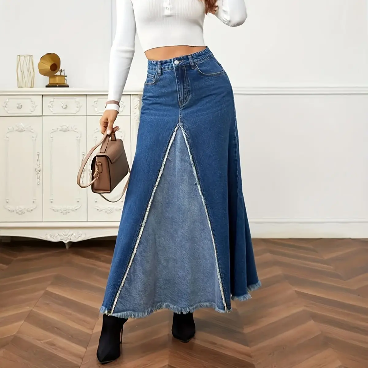 

Women Denim Patchwork Skirts 2025 Autumn Flared A Line Patchwork Dress Women's Large Hem Elegant FloorLength Midi Skirt