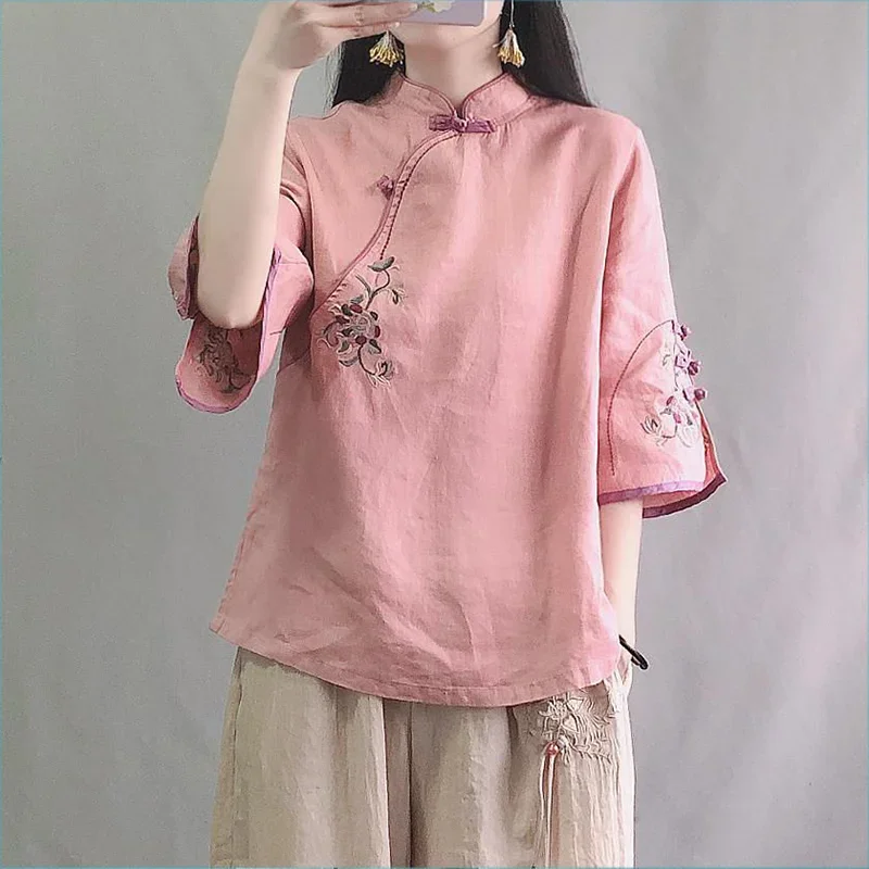 Multicolor Seven Quarter Ladies\' Cotton Linen Shirt Blouse Chinese Traditional Women\'s Formal Top Ttang Costume Hanfu E920