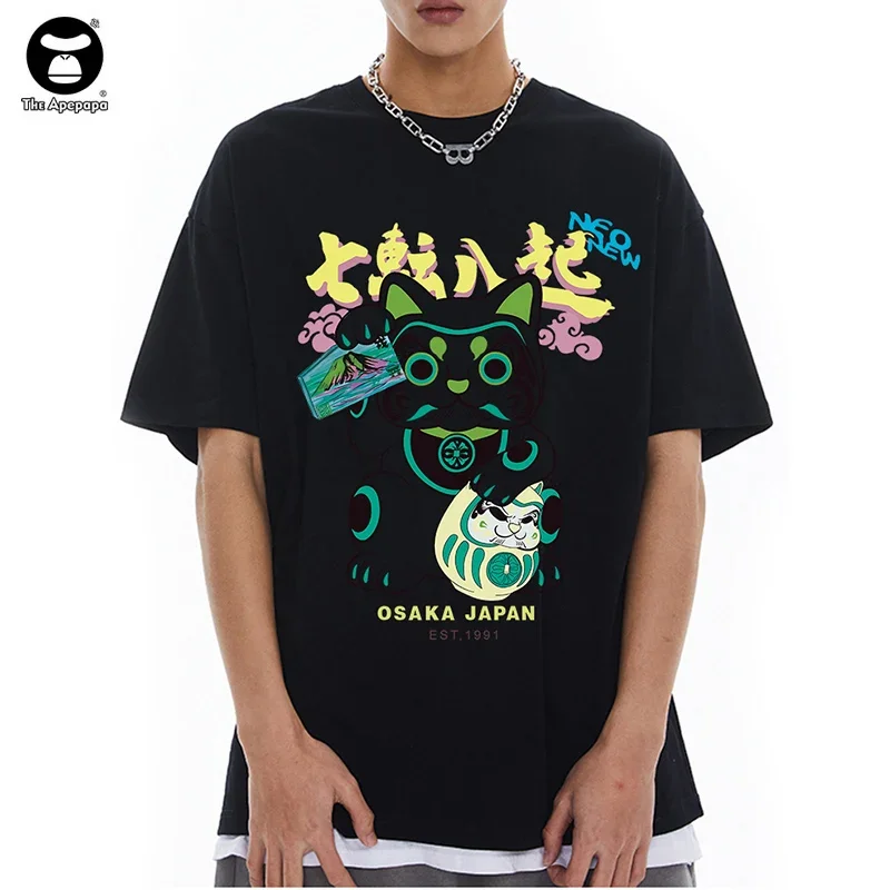 Hip Hop Tshirt 2023 Men Japanese Fortune cat Print T Shirt Streetwear Harajuku Summer Short Sleeve T-Shirt