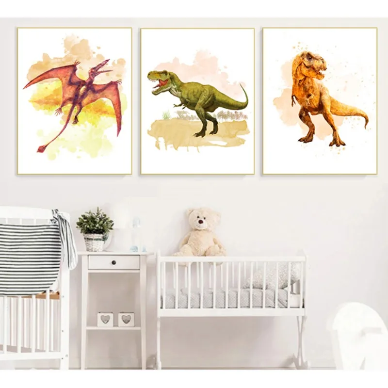 1pc frameless Canvas Painting  1pc frameless Jurassic Dinosaur Watercolor Poster Triceratops Stegosaurus Iguanodon T-Rex Canvas