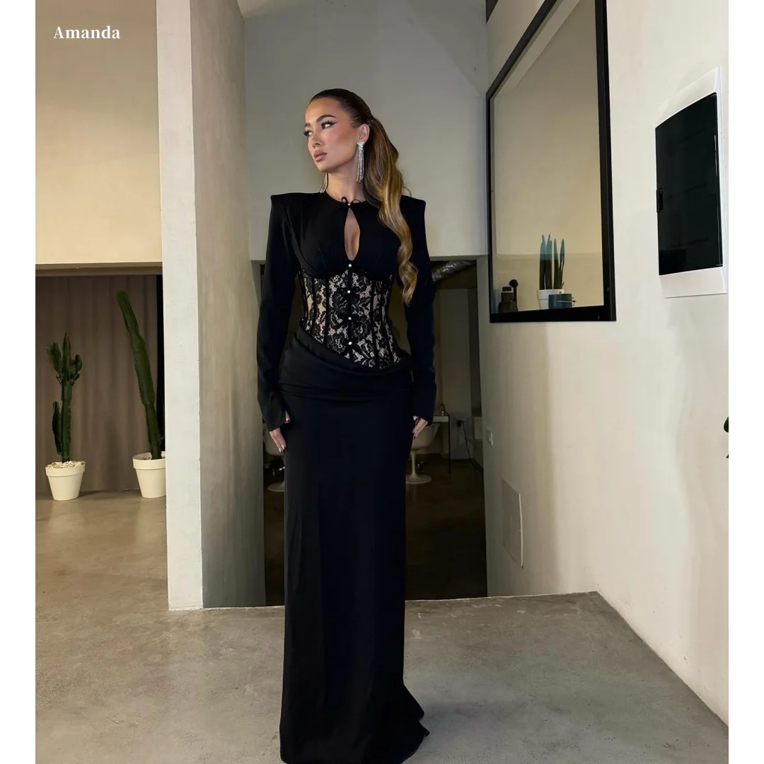 

Черные подплечники Amanda по индивидуальному заказу, платье для выпускного вечера с длинными рукавами и цветочной вышивкой, платья de noche, длиной до пола, торжественный вечер