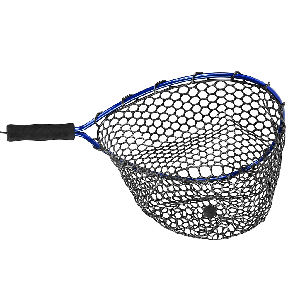 Fishing Net Soft Silicone Fish Landing Net Aluminium Alloy Pole EVA Handle with Elastic Strap and Carabiner Fishing Nets