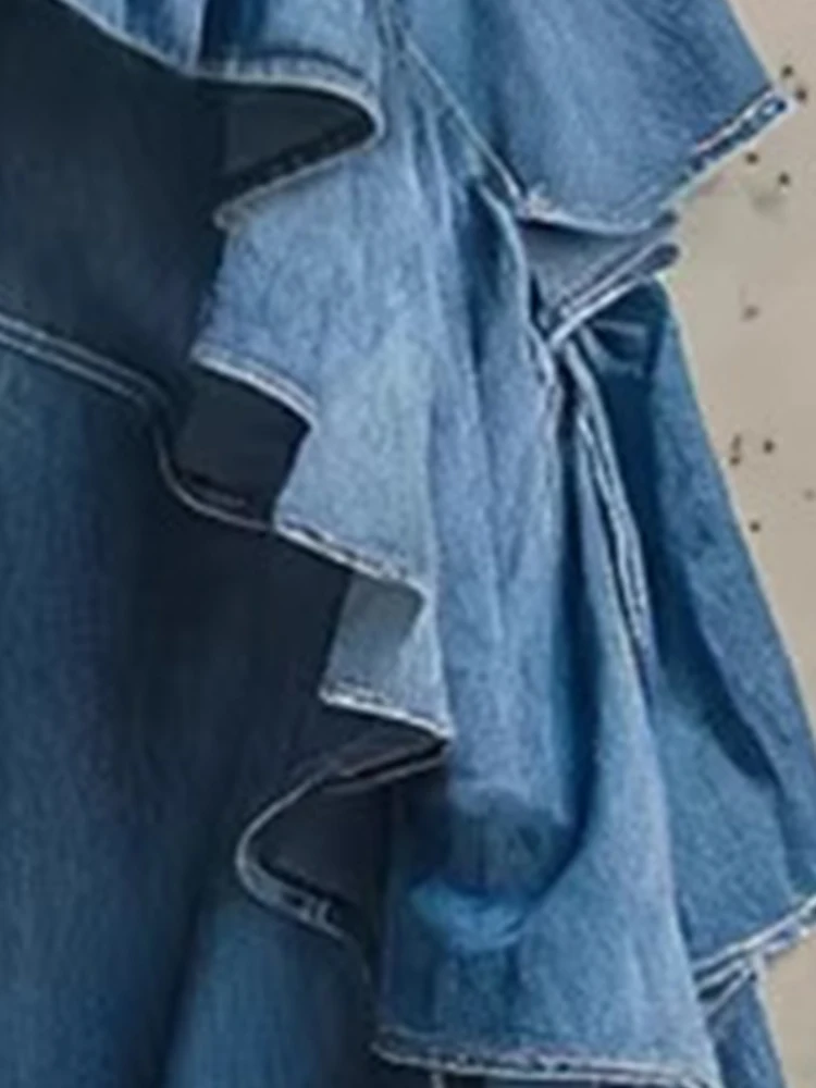 Women's Ruffle Trim High Waist Flare Jeans Asymmetrical Tiered Denim Pants Casual Elegant Wide Leg Bell Denim Bottom Trousers
