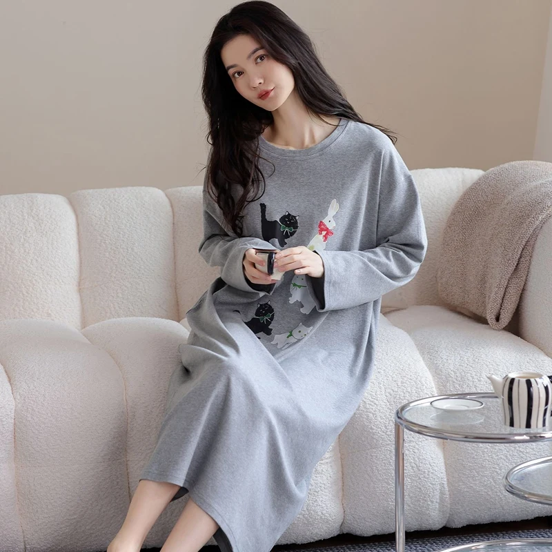 

Осень 2024, ночные рубашки из 100% хлопка с длинными рукавами для женщин, корейская милая одежда для сна с героями мультфильмов, ночное платье, ночная рубашка, женская домашняя ночная рубашка