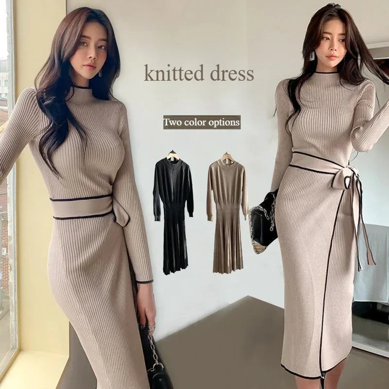 

Women's Knit Sweater Dress Half High Neck Slim Mid-Length Tie Waist Design Temperament Celebrity