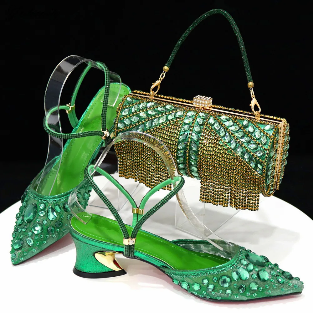 New Italian PU With Rhinestone Women Shoes And Bag Set For Party African Fashion High Heels Party Shoes And Purse Set