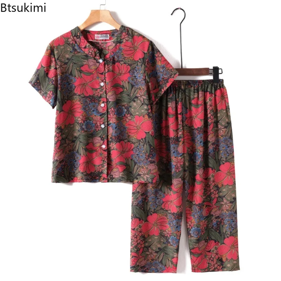 

Middle Aged and Elderly Two-piece Set Women Pajamas Set Summer New Thin Floral Short Sleeve Loose Sleepwear Casual Homewear