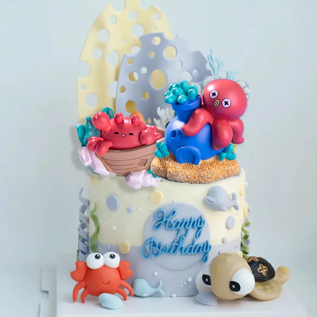 Sea Ocean Animals Cake Topper Shell Shark Octopus Decorations For Kids Mermaid Birthday Under The Sea Baby Shower Party Decors